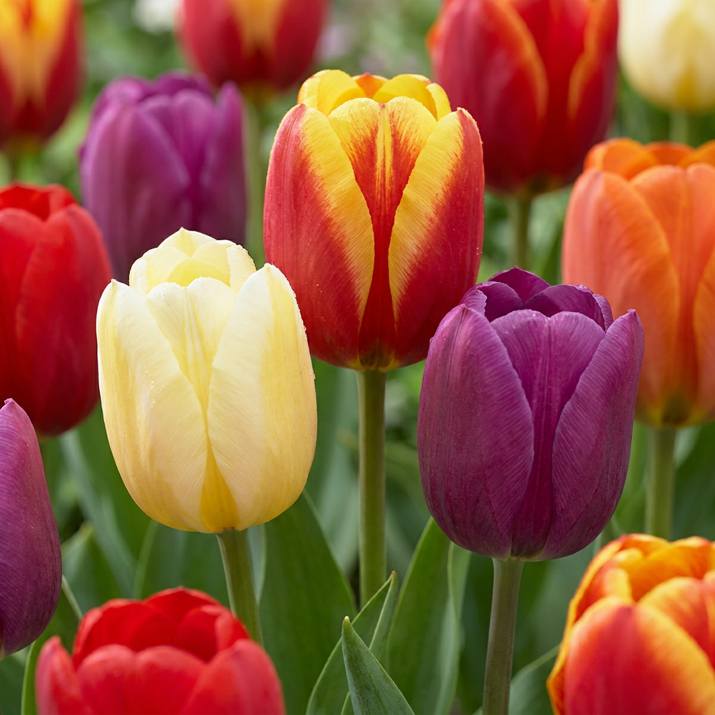 Tulipa Triumph Mix in flower, classic single cups on strong, weather-resistant stems, 280-bulb pack for Irish gardens