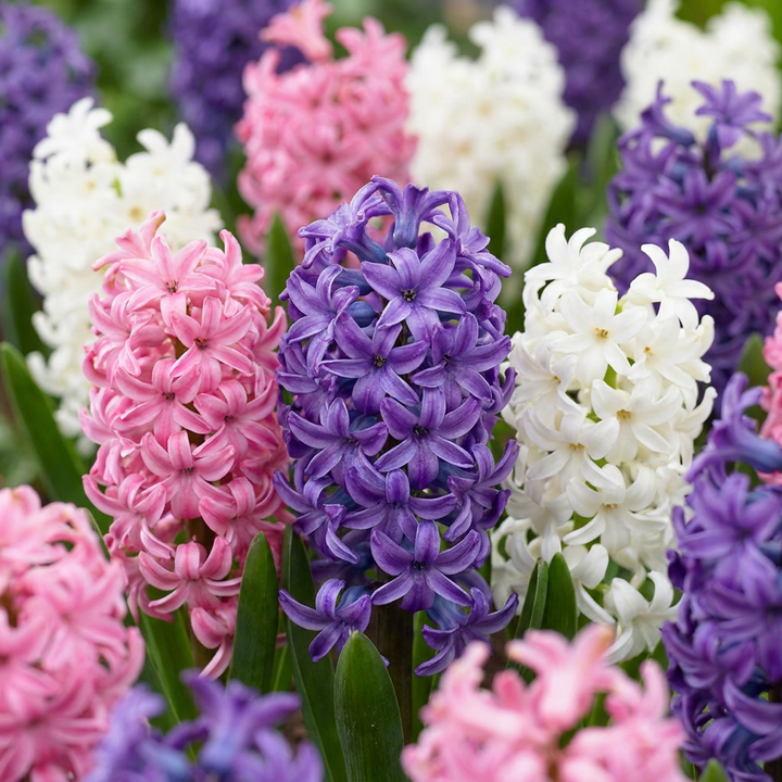 Hyacinthus Pastel Mix in flower, fragrant spikes in soft pink, cream and lilac, 80-bulb pack for Irish gardens