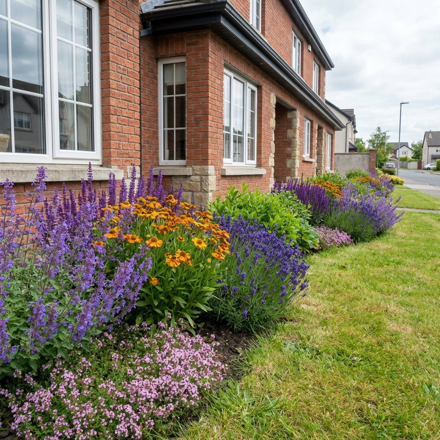 Purple lavender, golden rudbeckia and pink thyme in garden border against red brick house