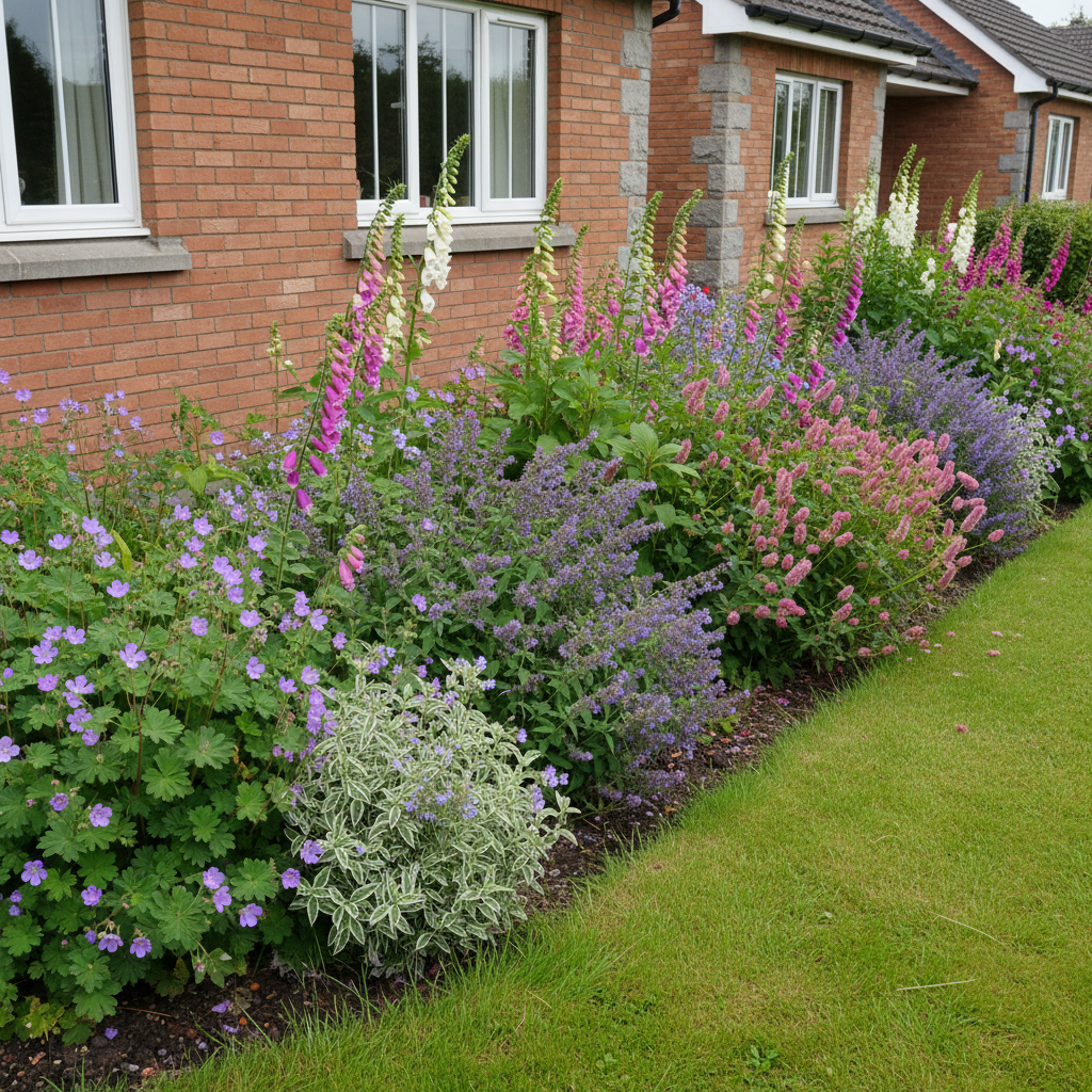 Mixed perennial border with purple geraniums, pink lythrums, lavender, white foxgloves and silvery artemisia against…