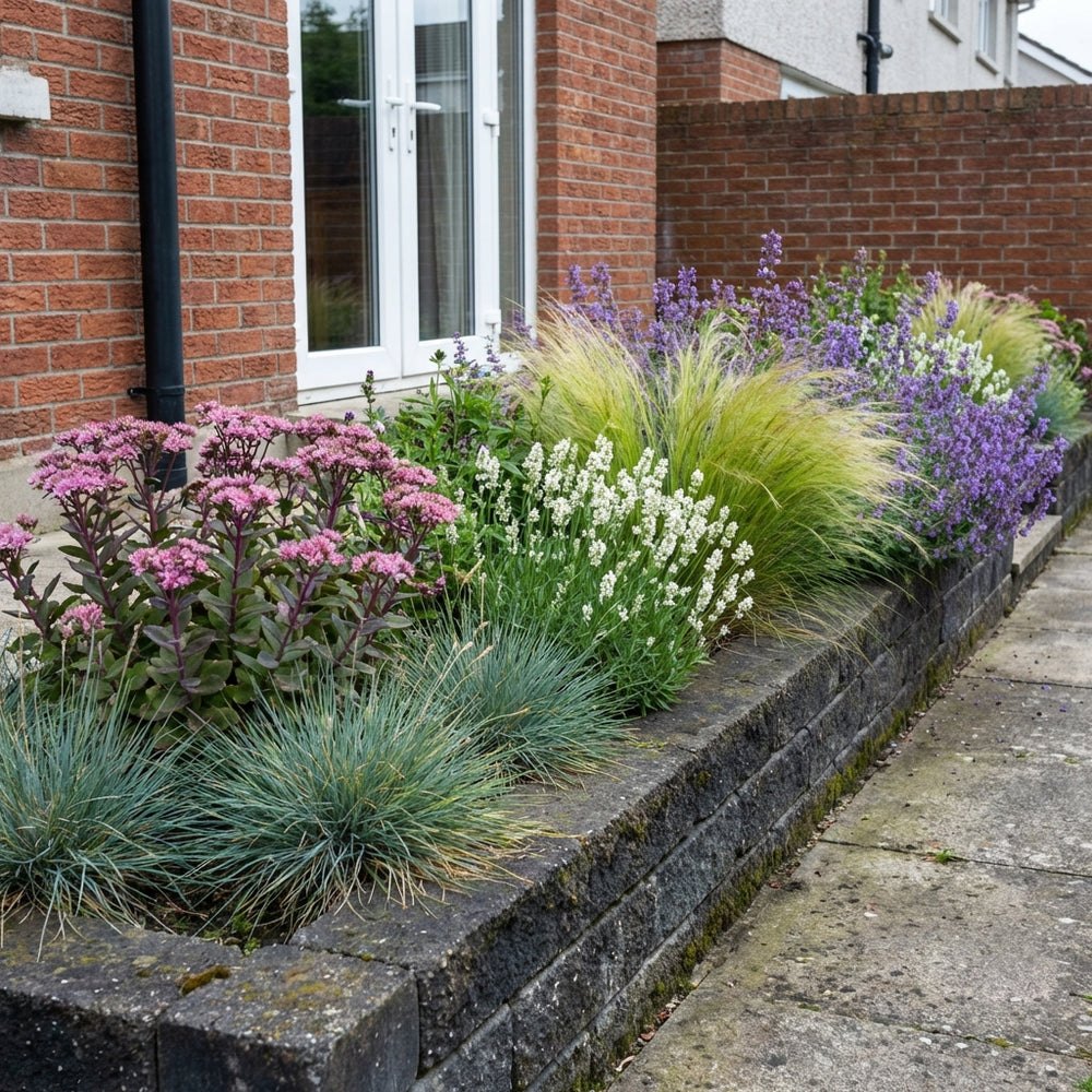 Mixed perennial border with pink dianthus, white lavender, purple catmint and ornamental grasses in front garden bed