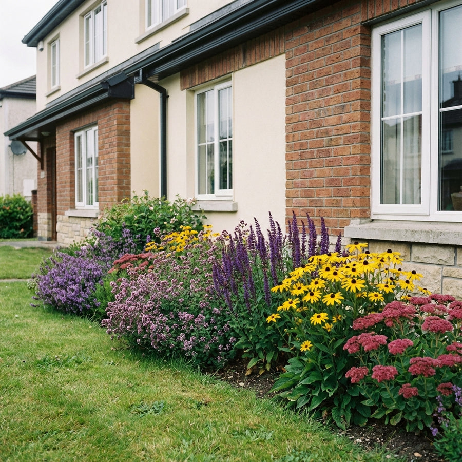 Mixed perennial border with purple salvia, yellow rudbeckia and red sedum against brick house foundation