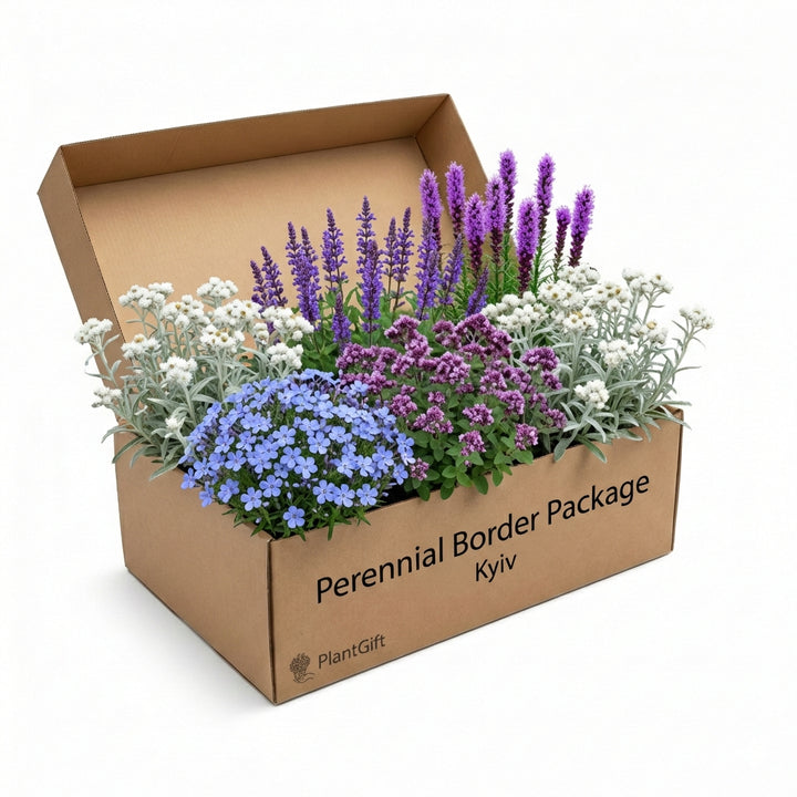 Perennial Border Package Kyiv in cardboard box containing blue forget-me-nots, purple liatris spikes, magenta phlox,…