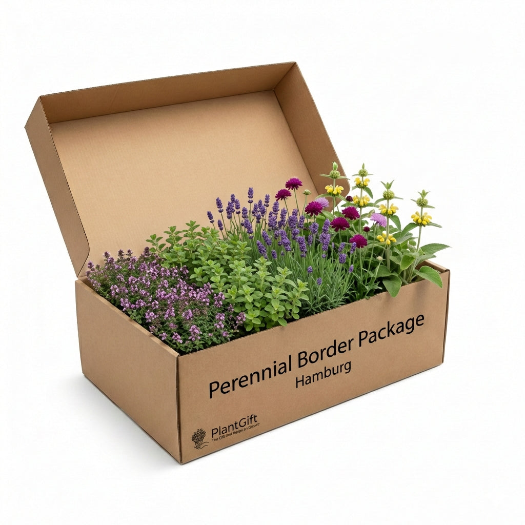 Perennial Border Package Hamburg in open cardboard box with purple lavender, pink thyme, magenta coneflower and yellow…